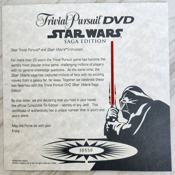 Trivial Pursuit Star Wars DVD Saga Edition 2005 Toys R Us Exclusive Tin COA - Picture 3 of 12